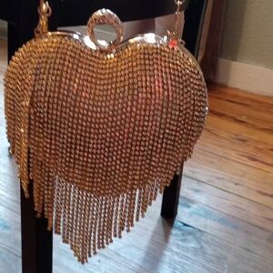Luxurious Heart Shape Tassel Rhinestone Clutch With Choker And Earrings